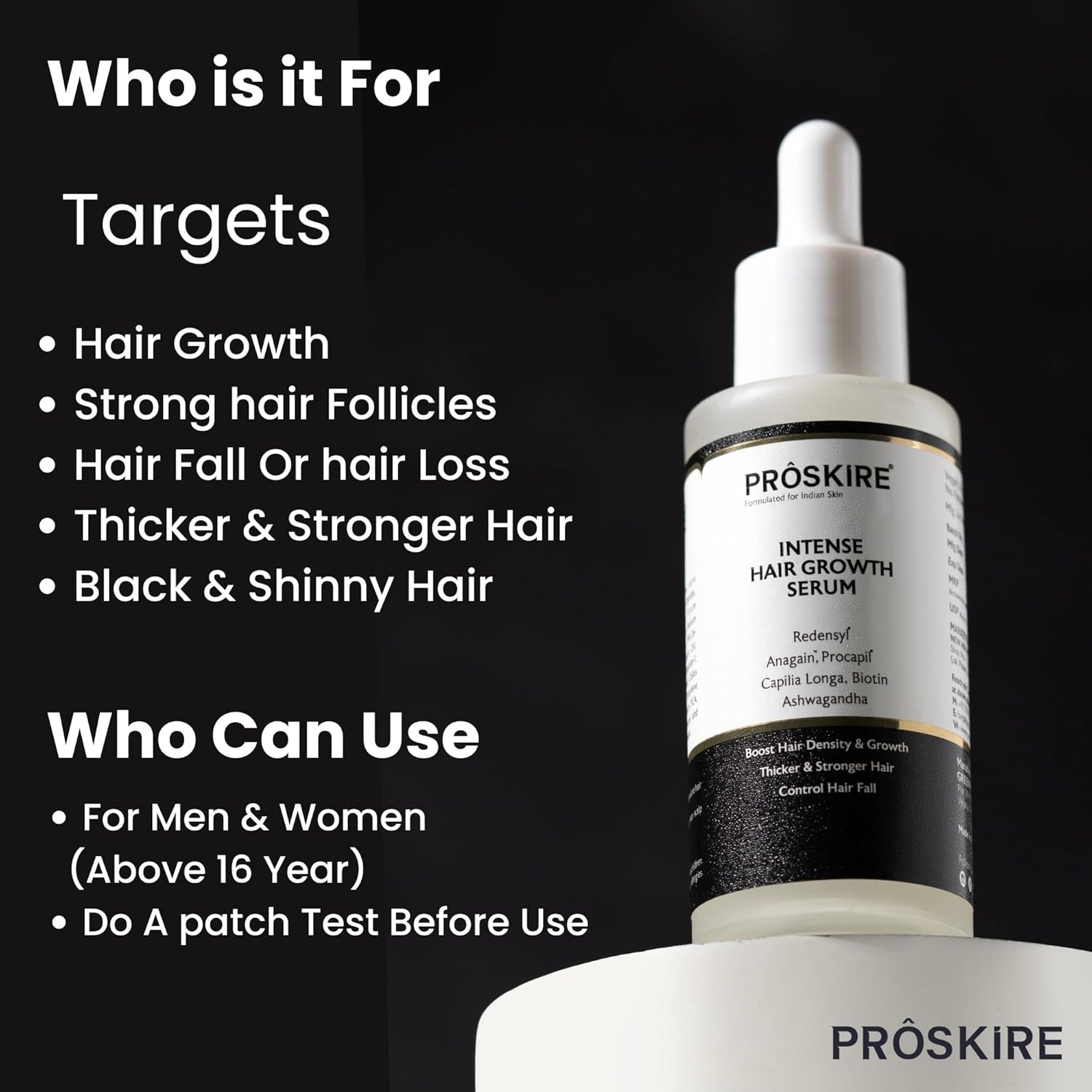 Proskire Intense Hair Growth Serum – With Redensyl, Anagain, Procapil, Capilia Longa, Biotin & Ashwagandha | 30 ml