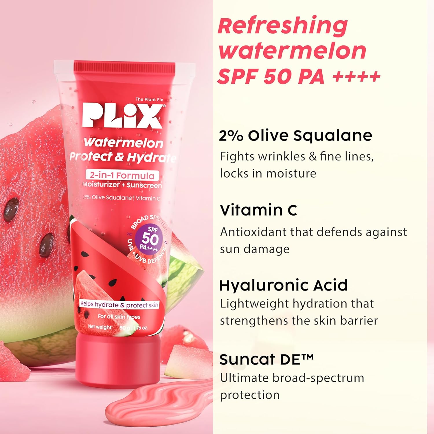 PLIX – The Plant Fix Watermelon Protect & Hydrate 2-in-1 Moisturizer + Sunscreen | SPF 50 PA++++ | UVA & UVB Protection | 50 gm