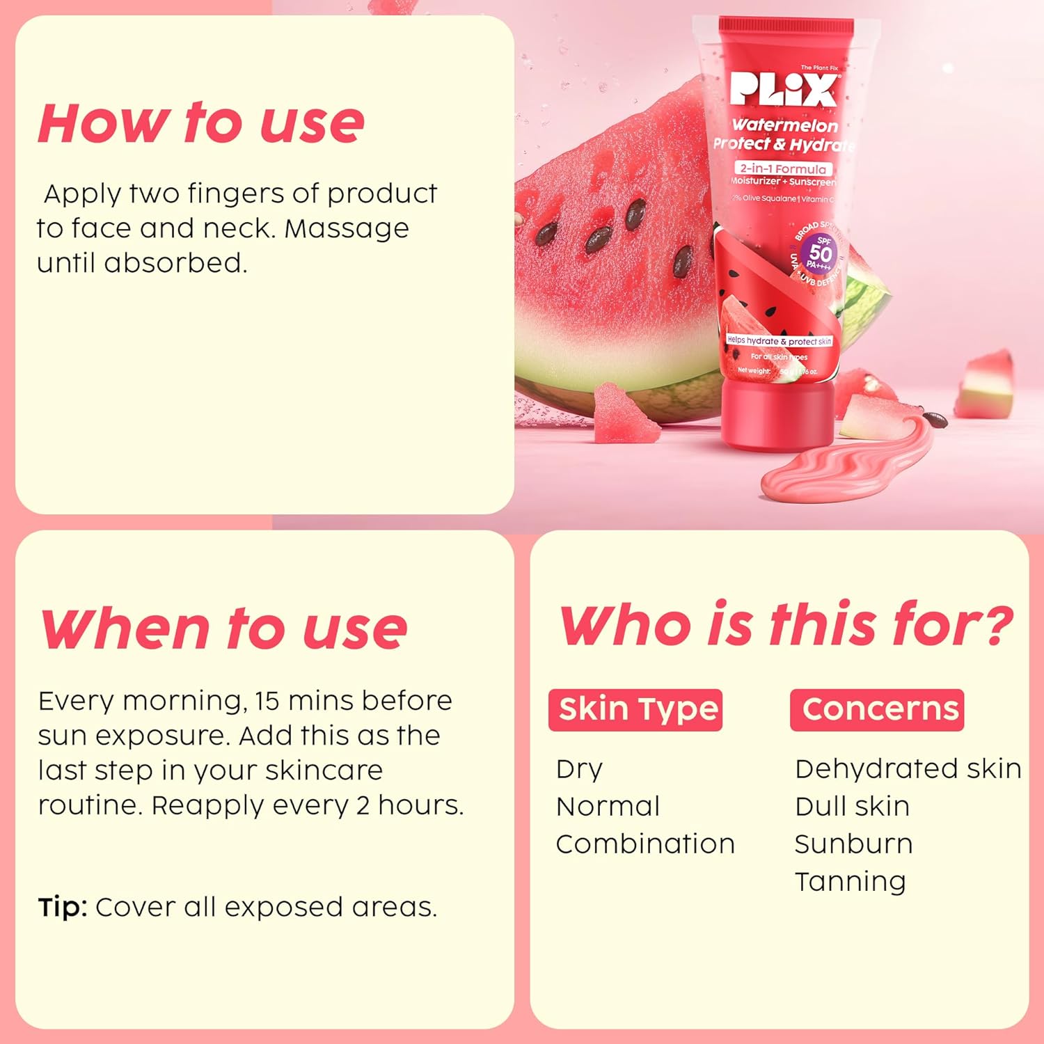 PLIX – The Plant Fix Watermelon Protect & Hydrate 2-in-1 Moisturizer + Sunscreen | SPF 50 PA++++ | UVA & UVB Protection | 50 gm